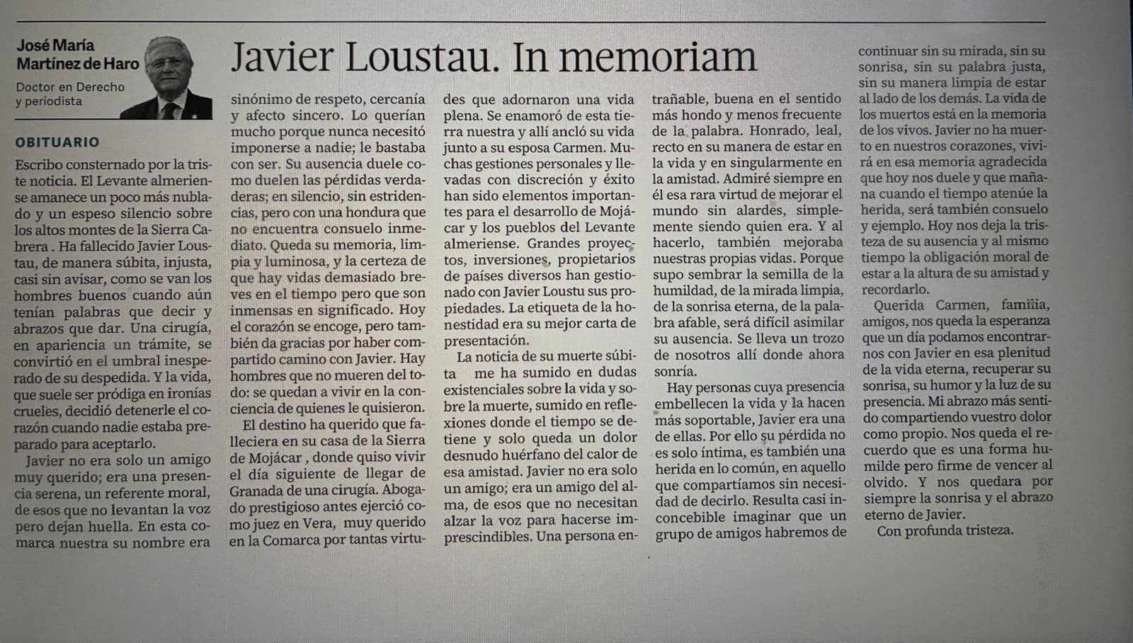 Artículo In Memoriam de Javier Loustau publicado en prensa